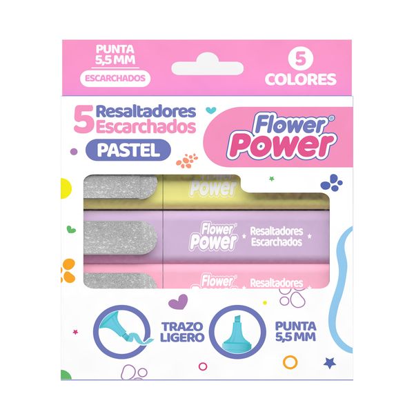 Resaltador-Flower-Power-Escarchado-Color-Pastel-x-5